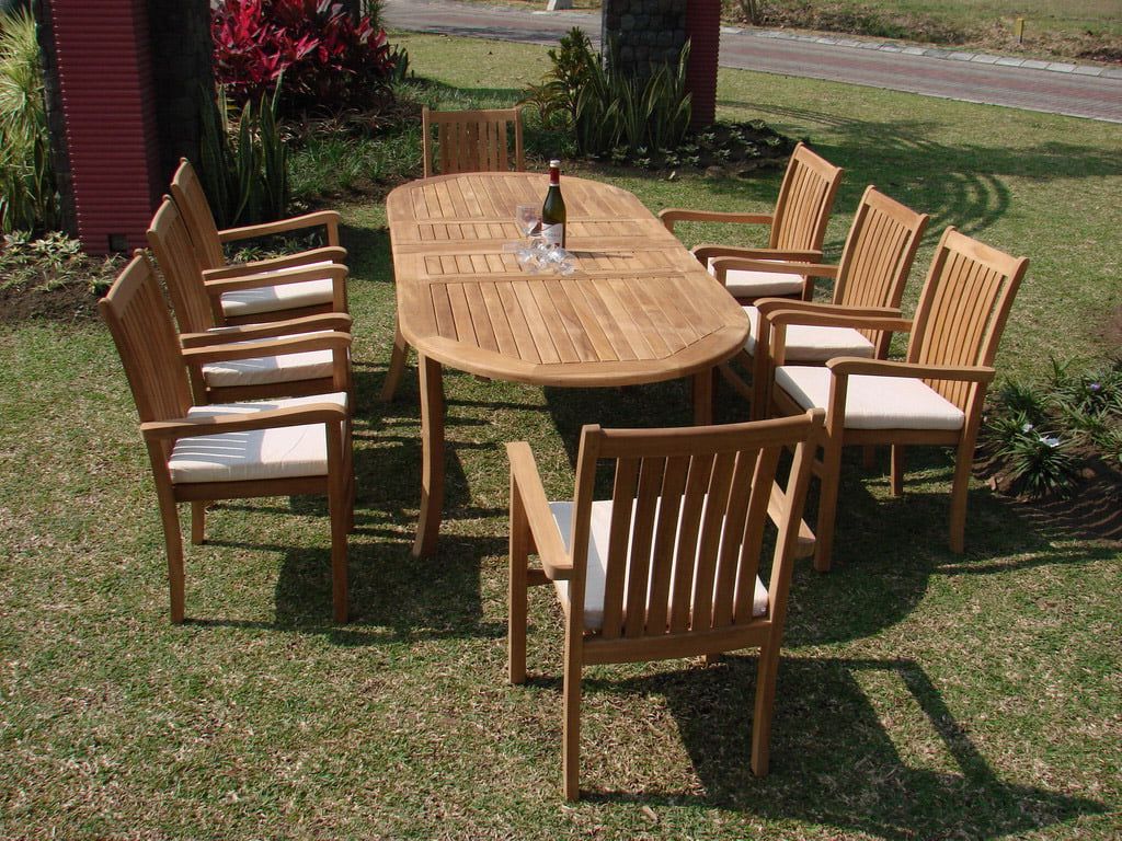 Teak Wood Outdoor Table And Chairs Sets Pertaining To Best And Newest Teak Dining Set:8 Seater 9 Pc – 94" Oval Table And 8 Cahyo Stacking Arm (View 4 of 15)