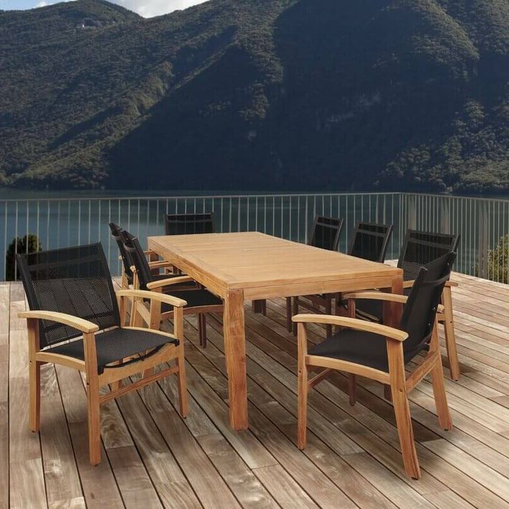 Terrace 9 Piece Teak Dining Set With Black Sling Chair In  (View 7 of 15)