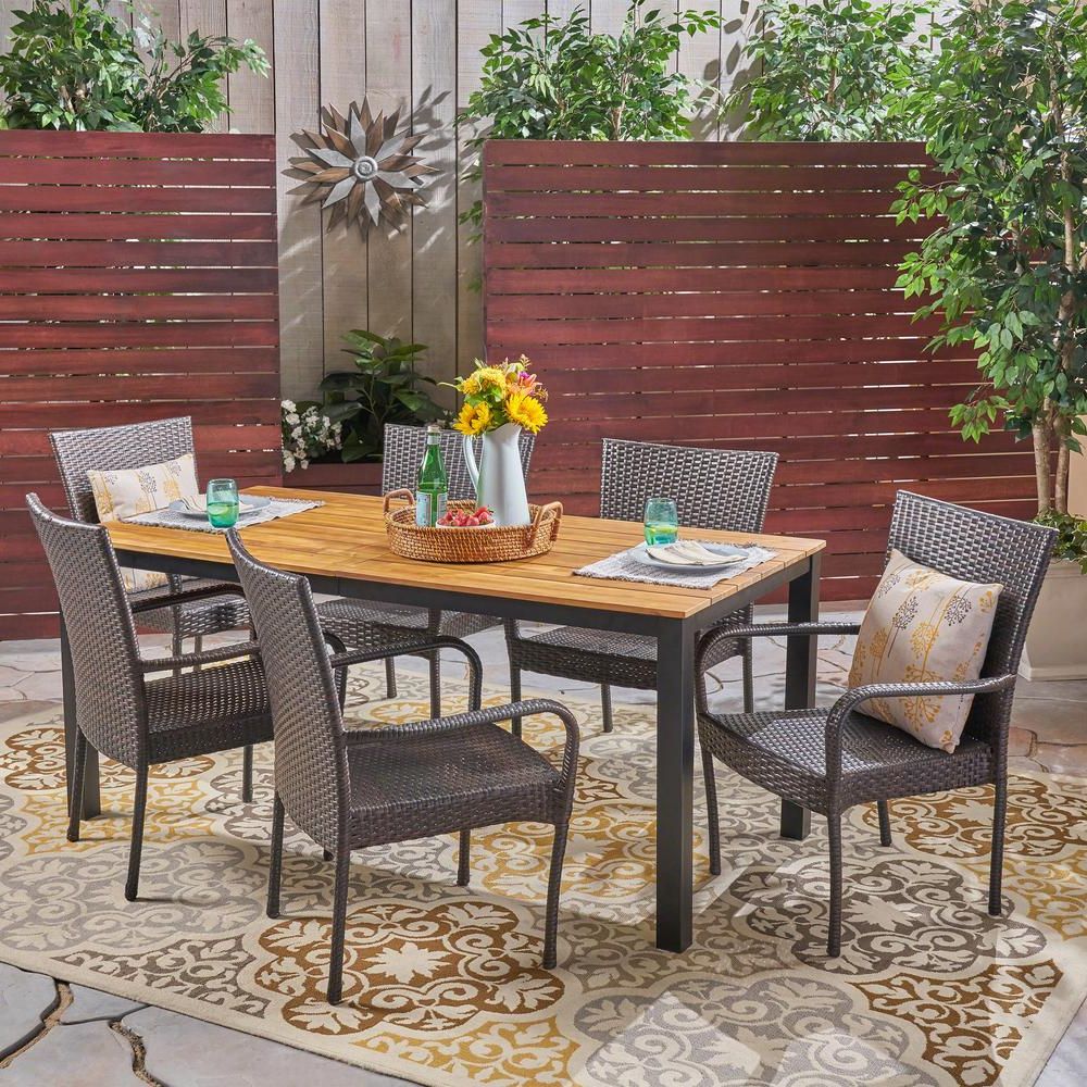 Trendy 7 Pieces Teak Outdoor Dining Sets Intended For Noble House Coleman 7 Piece Teak Brown Wood And Grey Wicker Outdoor (View 14 of 15)