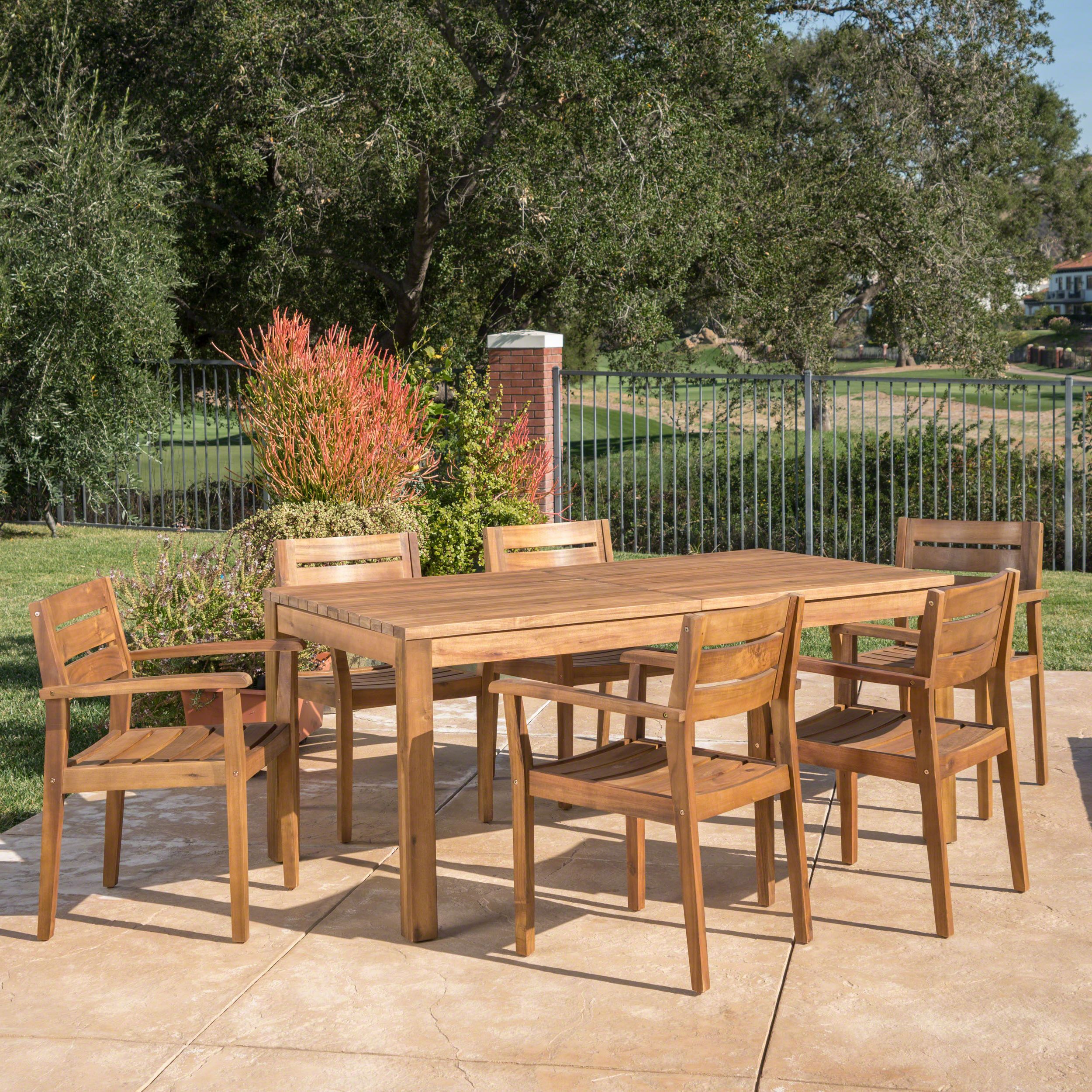 Trendy Acacia Wood Outdoor Seating Patio Sets Intended For Caroline Outdoor 7 Piece Acacia Wood Dining Set With Expandable Dining (View 1 of 15)