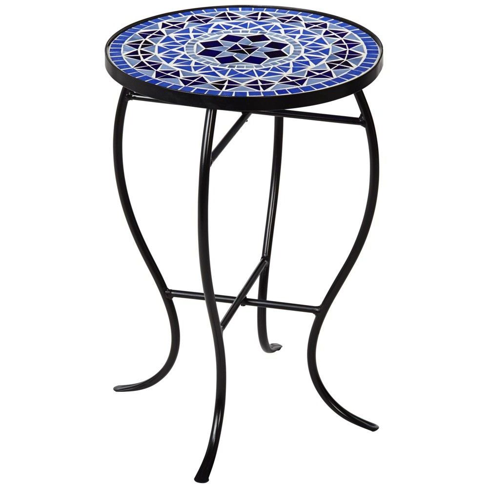 Trendy Green Mosaic Outdoor Accent Tables Within Teal Island Designs Cobalt Mosaic Black Iron Outdoor Accent Table (View 7 of 15)
