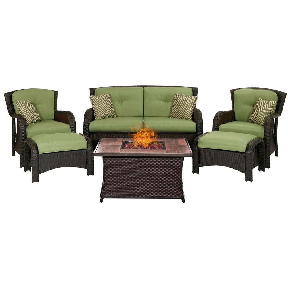 Trendy Hanover Strathmere 6 Piece Woven Patio Seating Set With Wood Grain Top Intended For Green Outdoor Seating Patio Sets (View 11 of 15)