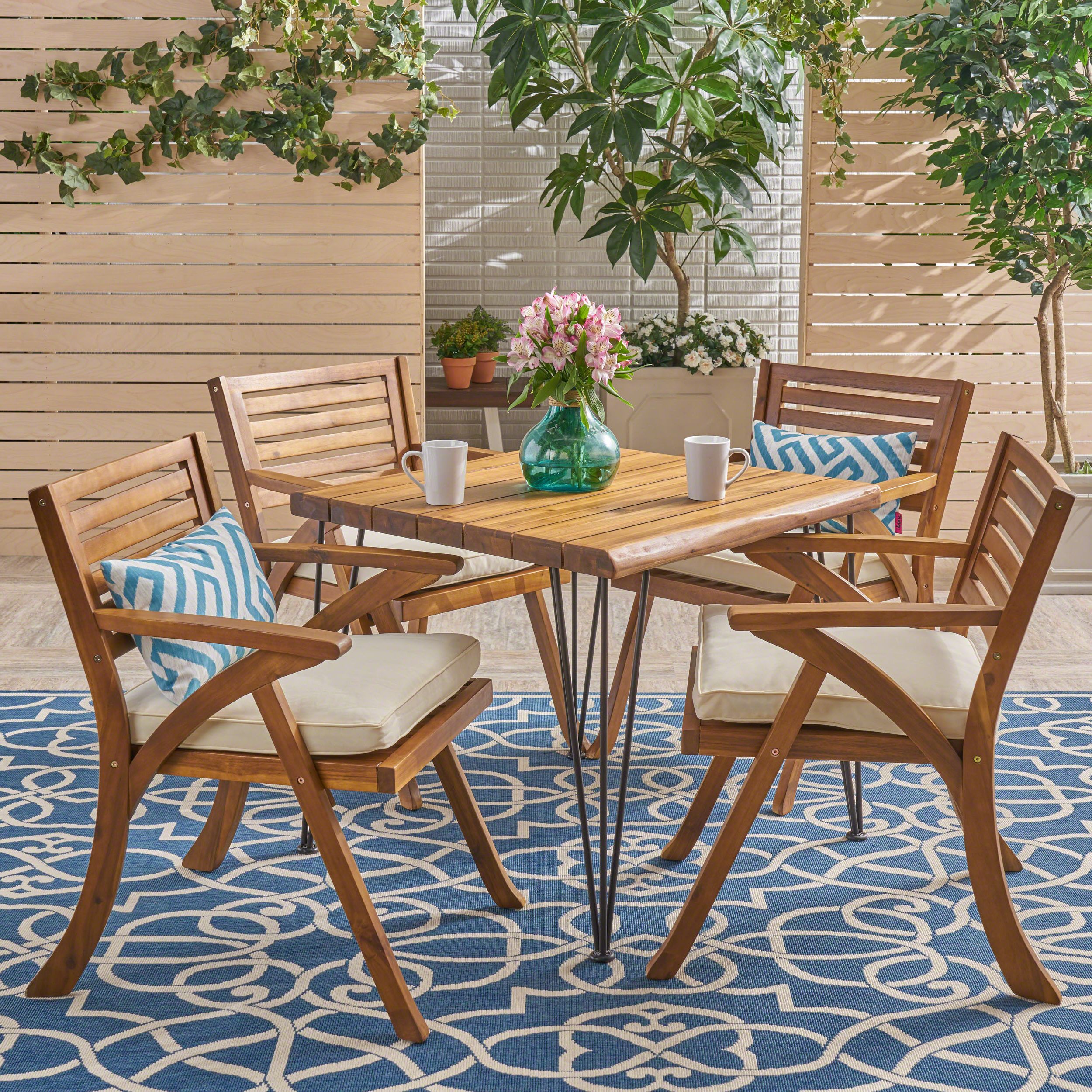 Trendy Lane Outdoor Industrial Wood And Wicker 5 Piece Square Dining Set, Teak Inside Teak Wicker Outdoor Dining Sets (View 7 of 15)