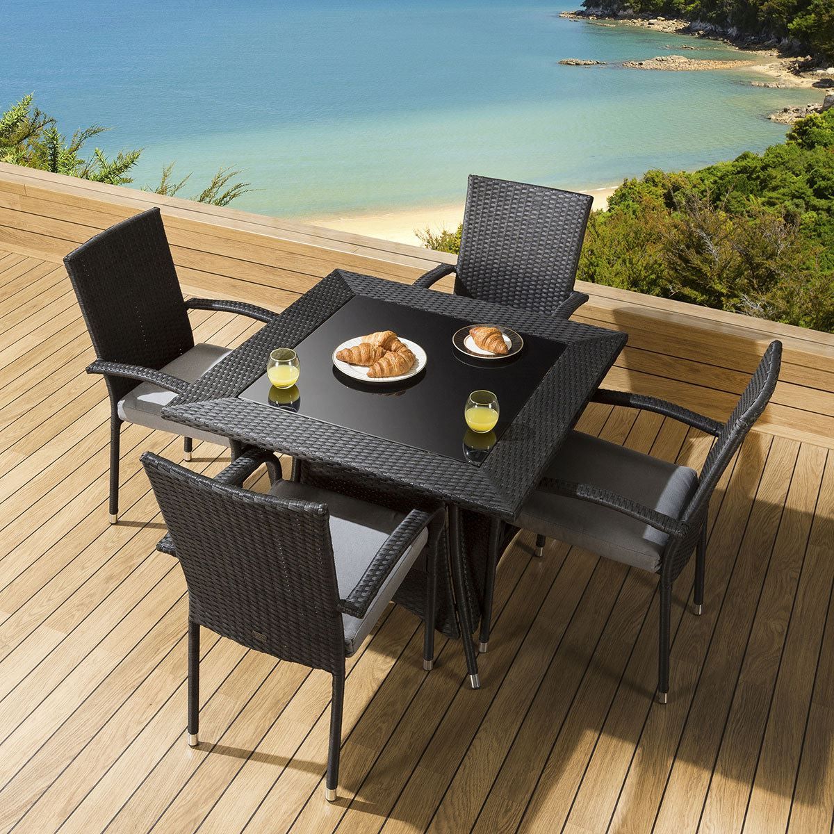 Trendy Outdoor Dining Set Square Table 4 Armed Black Chairs Grey Cushions Pertaining To Black And Gray Outdoor Table And Chair Sets (View 4 of 15)