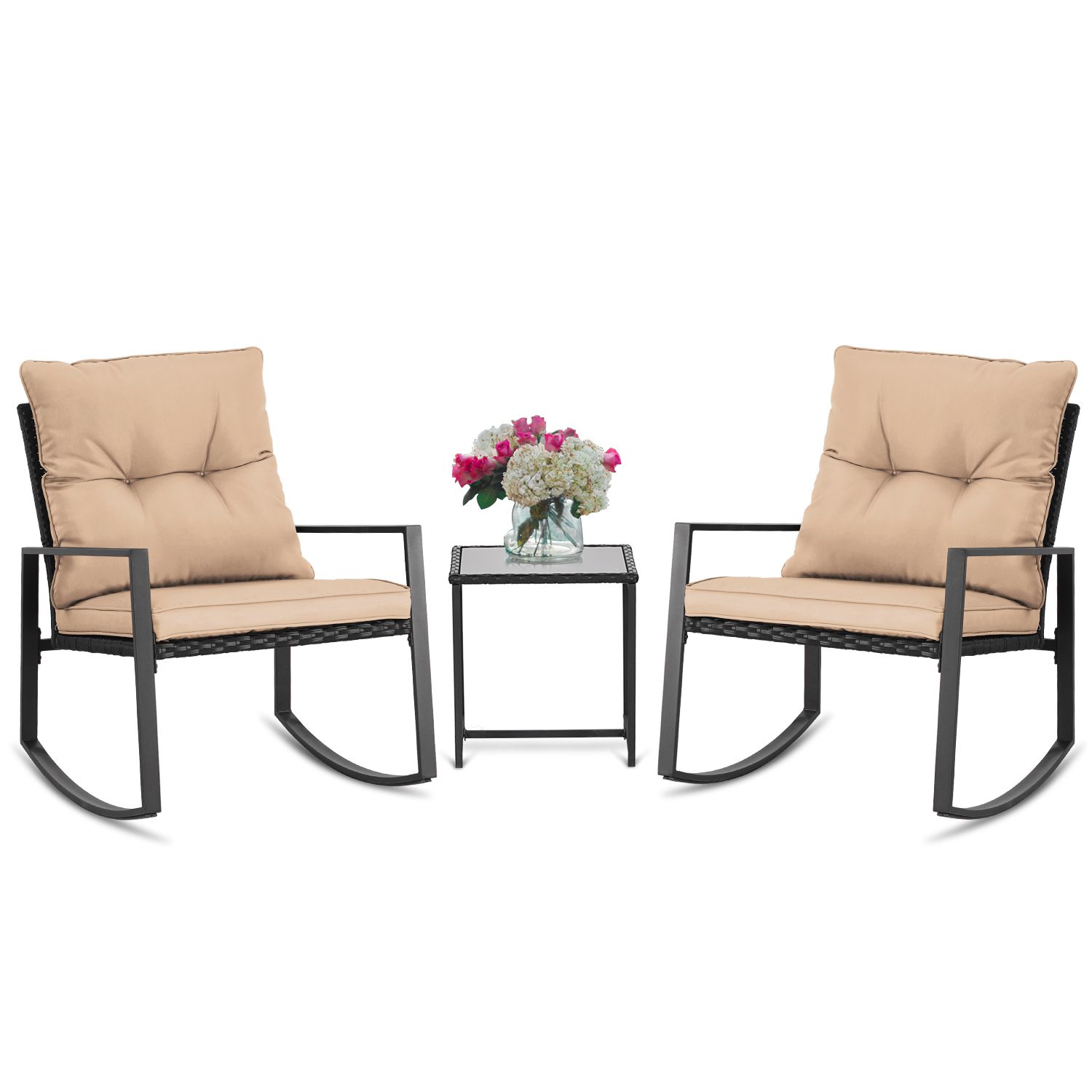 Trendy Outdoor Rocking Chair Sets With Coffee Table Regarding Suncrown Outdoor Patio Rocking Chair Bistro Set 3 Piece Black Wicker (View 5 of 15)