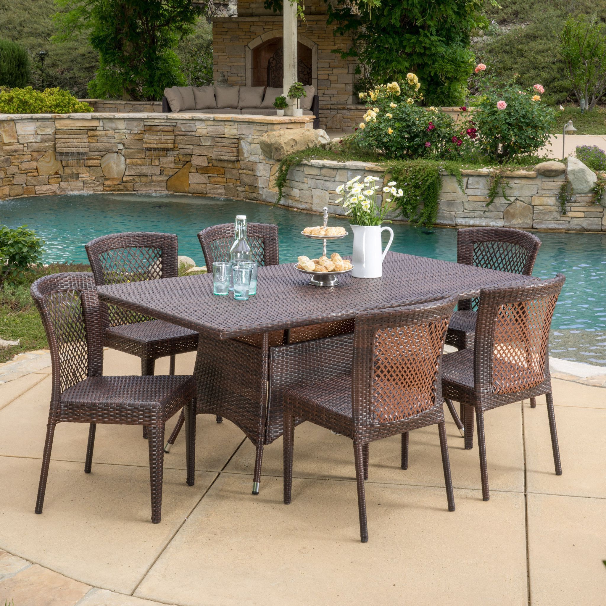 Trendy Perry Outdoor 7 Piece Multi Brown Wicker Dining Set With Umbrella Hole Throughout Brown Wicker Rectangular Patio Dining Sets (View 4 of 15)