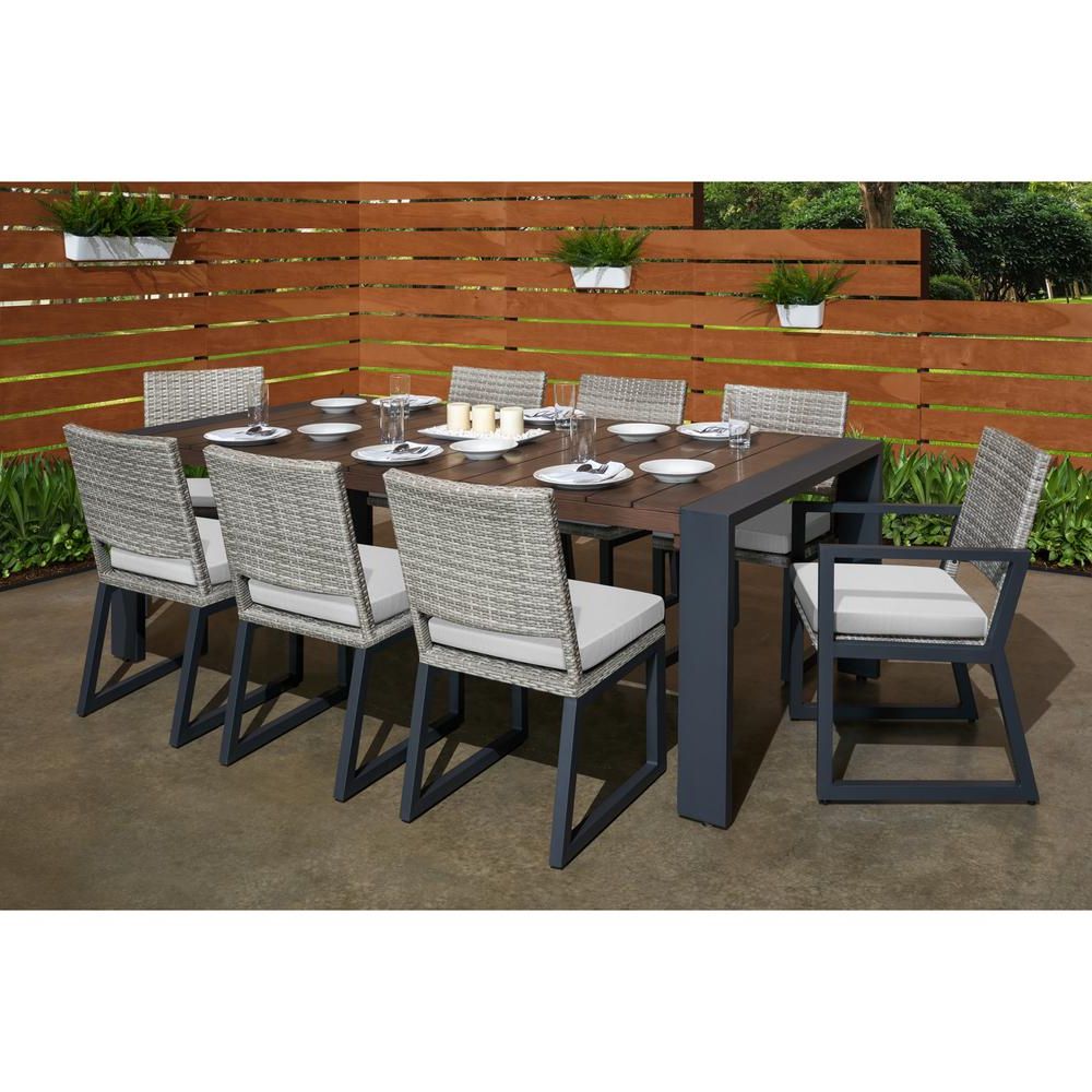 Trendy Rst Brands Milo Grey 9 Piece Wicker Outdoor Dining Set With Sunbrella For Gray Wicker Rectangular Patio Dining Sets (View 9 of 15)