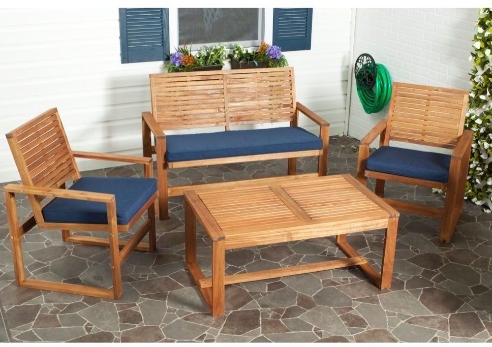 Trendy Safavieh Outdoor Living Ozark Brown/ Navy Acacia Wood 4 Piece Patio Set Pertaining To Navy Outdoor Seating Sectional Patio Sets (View 15 of 15)