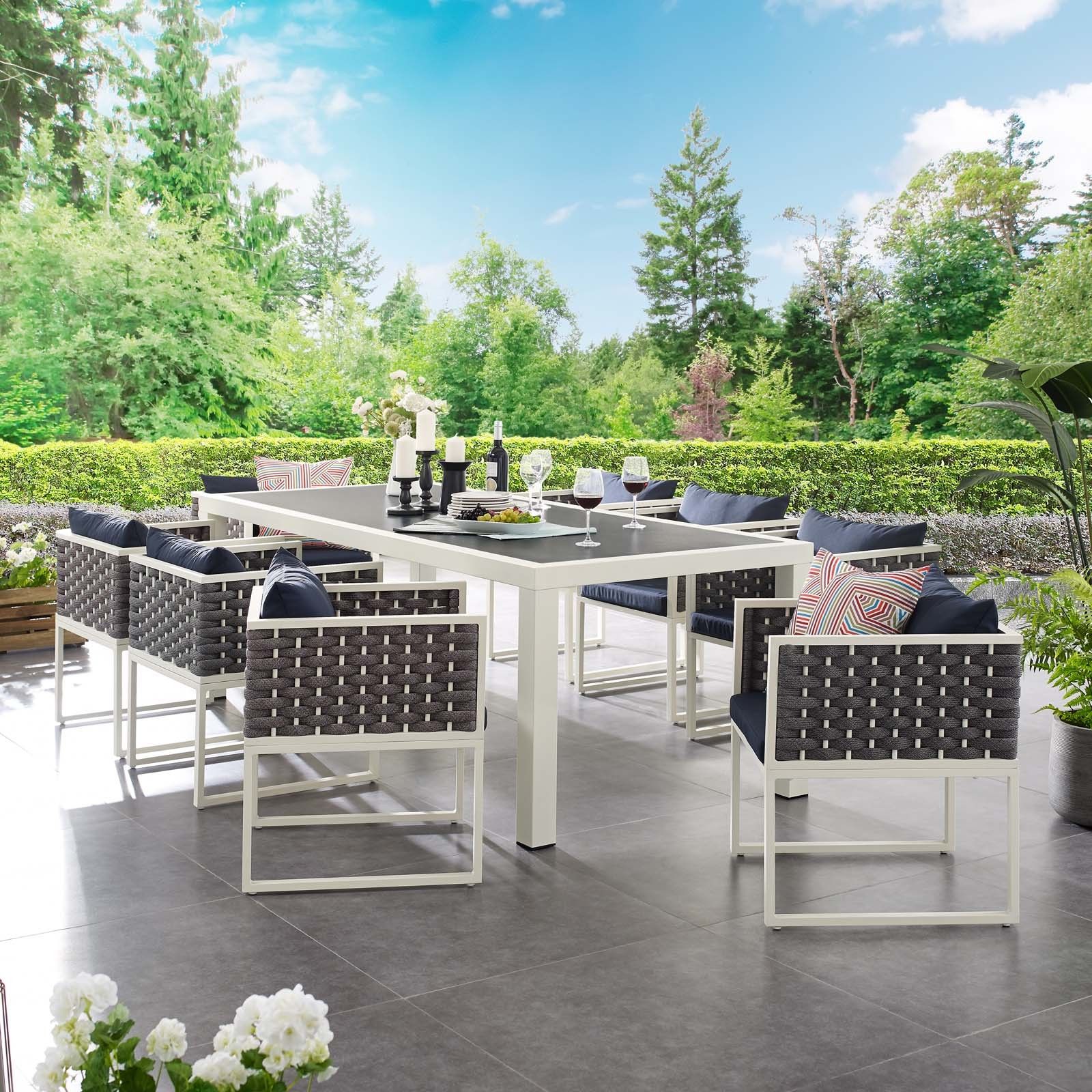 Trendy Stance White Navy 9 Piece Outdoor Patio Aluminum Dining Set Eei 3186 Inside Navy Outdoor Seating Sets (View 10 of 15)