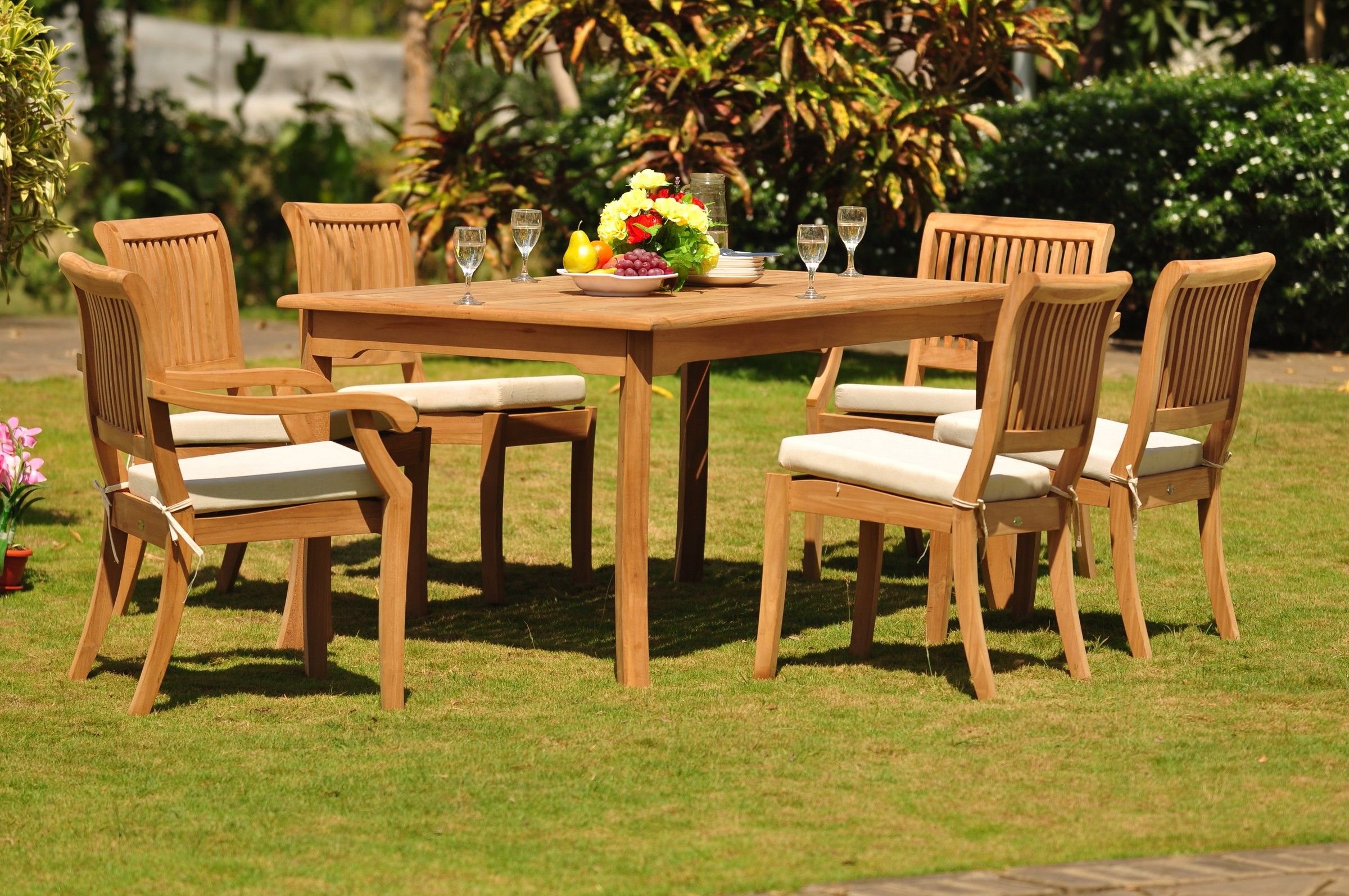 Trendy Teak Dining Set: 6 Seater 7 Pc: 71" Rectangle Table & 2 Stacking Arbor With Regard To Teak Wood Rectangular Patio Dining Sets (View 8 of 15)