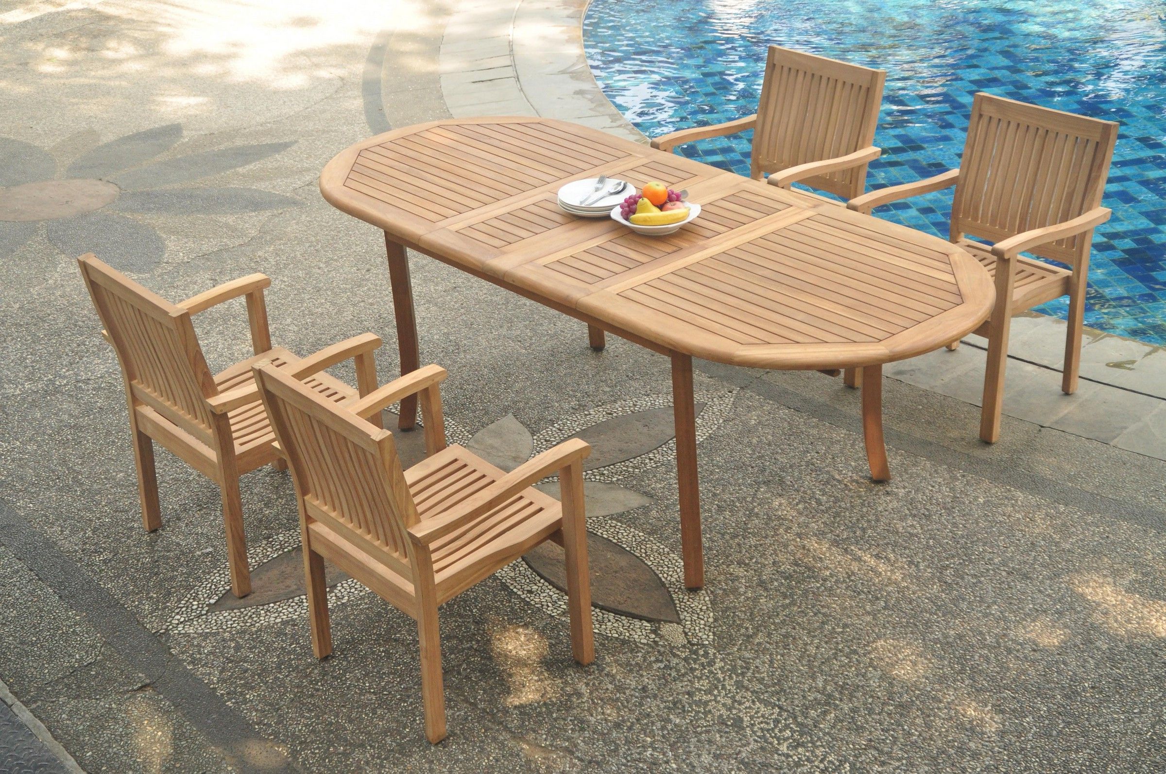 Trendy Teak Folding Chair Patio Dining Sets With Grade A Teak Dining Set: 4 Seater 5 Pc: 94" Double Extension Oval Table (View 11 of 15)