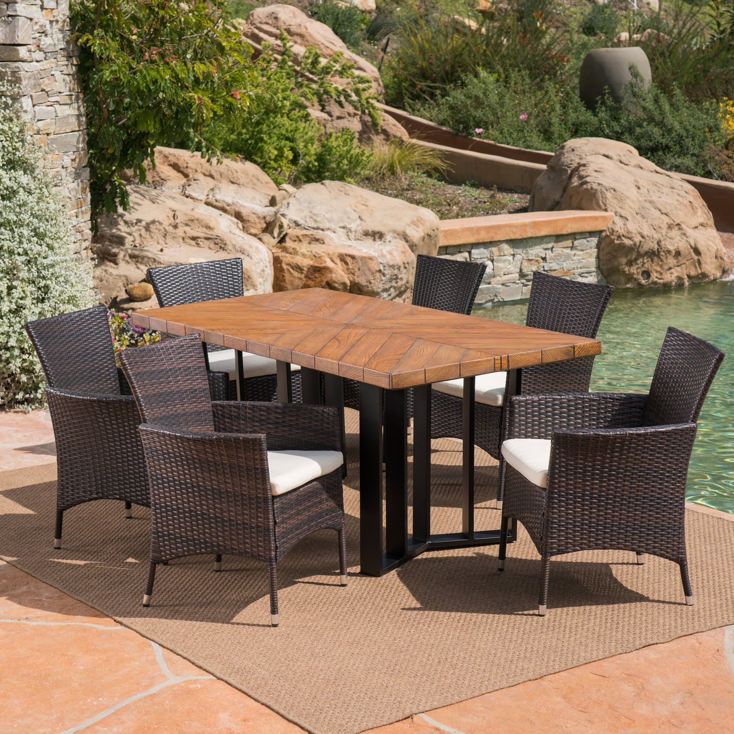 Tyler Outdoor 7 Piece Wicker Dining Set With Finish Light Weight For Current Patio Dining Sets With Cushions (View 4 of 15)