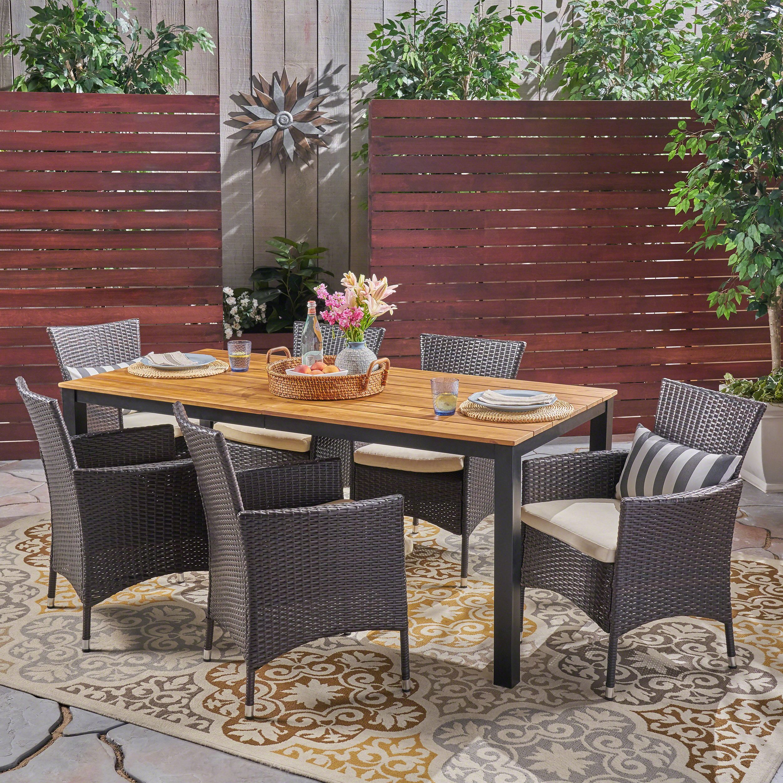 Vienna Outdoor 7 Piece Acacia Wood Dining Set With Wicker Chairs And With Favorite 7 Piece Patio Dining Sets With Cushions (View 1 of 15)