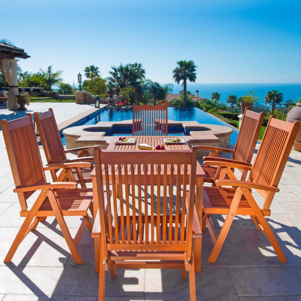 Vifah Balthazar Eucalyptus 7 Piece Patio Dining Set With Folding Chairs With Regard To Most Up To Date Rectangular Teak And Eucalyptus Patio Dining Sets (View 8 of 15)