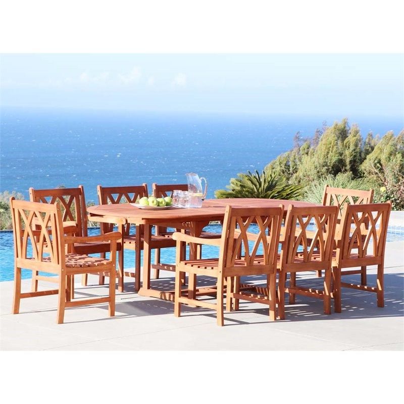 Vifah Malibu 9 Piece Extendable Oval Hardwood Patio Dining Set – V144set34 For Well Liked 9 Piece Extendable Patio Dining Sets (View 7 of 15)