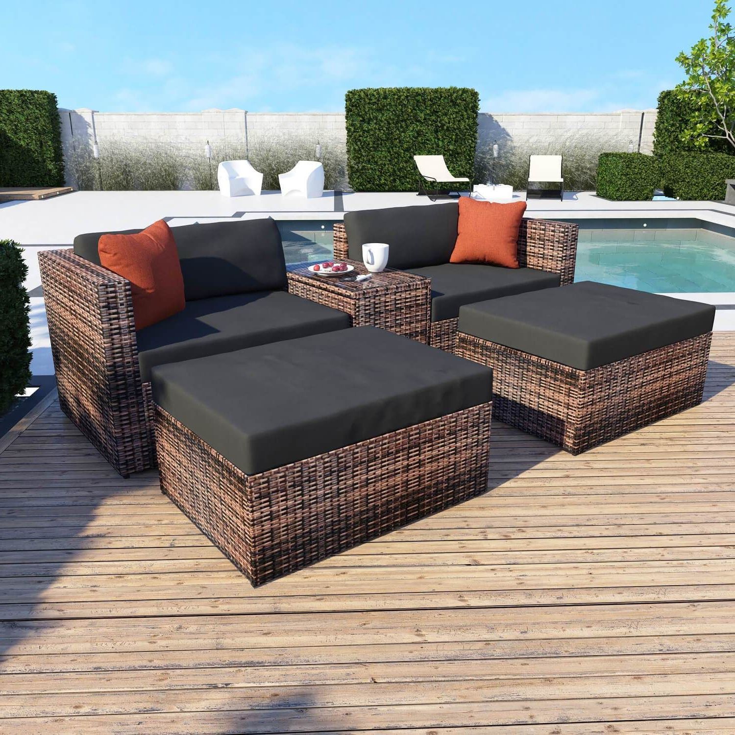 Wailea Wicker Outdoor 2 Modular Corner Chairs, 2 Ottomans & Coffee Intended For Most Recent 5 Piece 4 Seat Outdoor Patio Sets (View 1 of 15)