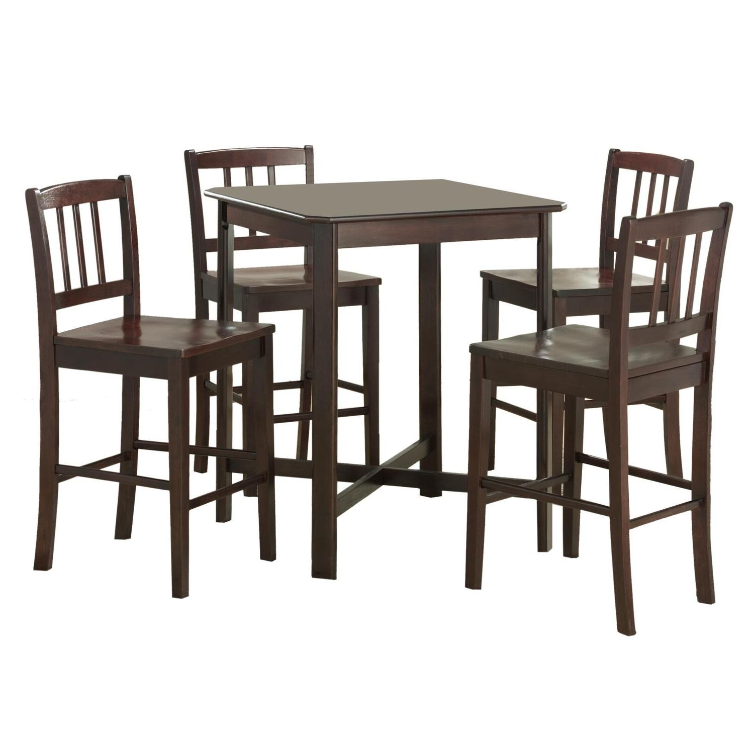 Walker Edison 5 Piece Solid Wood Pub Table Set – Dark Woodoj Pertaining To Current Wood Bistro Table And Chairs Sets (View 11 of 15)