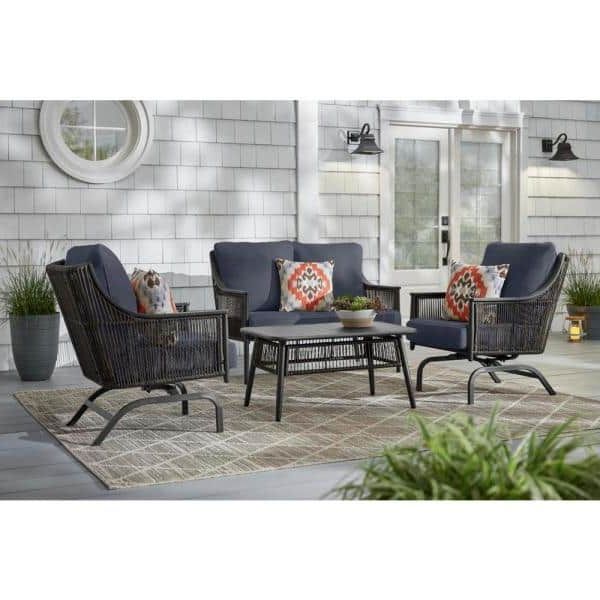 Well Known Blue Cushion Patio Conversation Set Intended For Hampton Bay Bayhurst 4 Piece Black Wicker Outdoor Patio Conversation (View 12 of 15)
