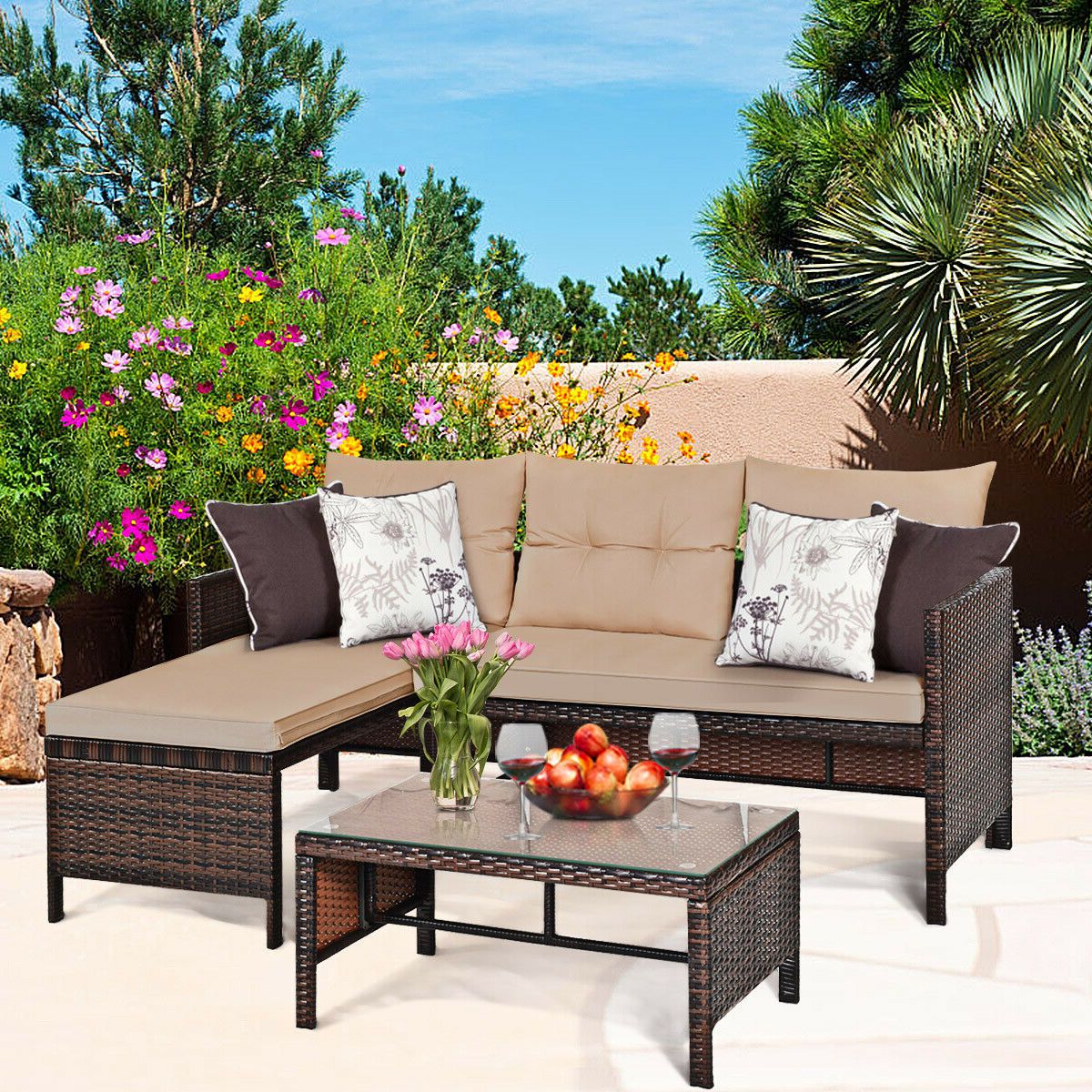 Well Known Costway 3pcs Patio Wicker Rattan Sofa Set Outdoor Sectional In Outdoor Wicker Sectional Sofa Sets (View 6 of 15)