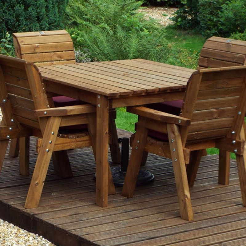 Well Known Deluxe Square Patio Dining Sets For Golden Four Seater Deluxe Wooden Garden Dining Set With Burgundy (View 6 of 15)