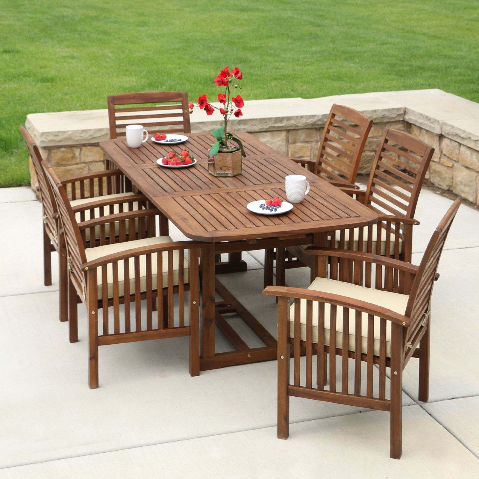 Well Known Extendable 7 Piece Patio Dining Sets Inside Walker Edison Acacia Wood 7 Piece Rectangular Patio Dining Set – Patio (View 4 of 15)