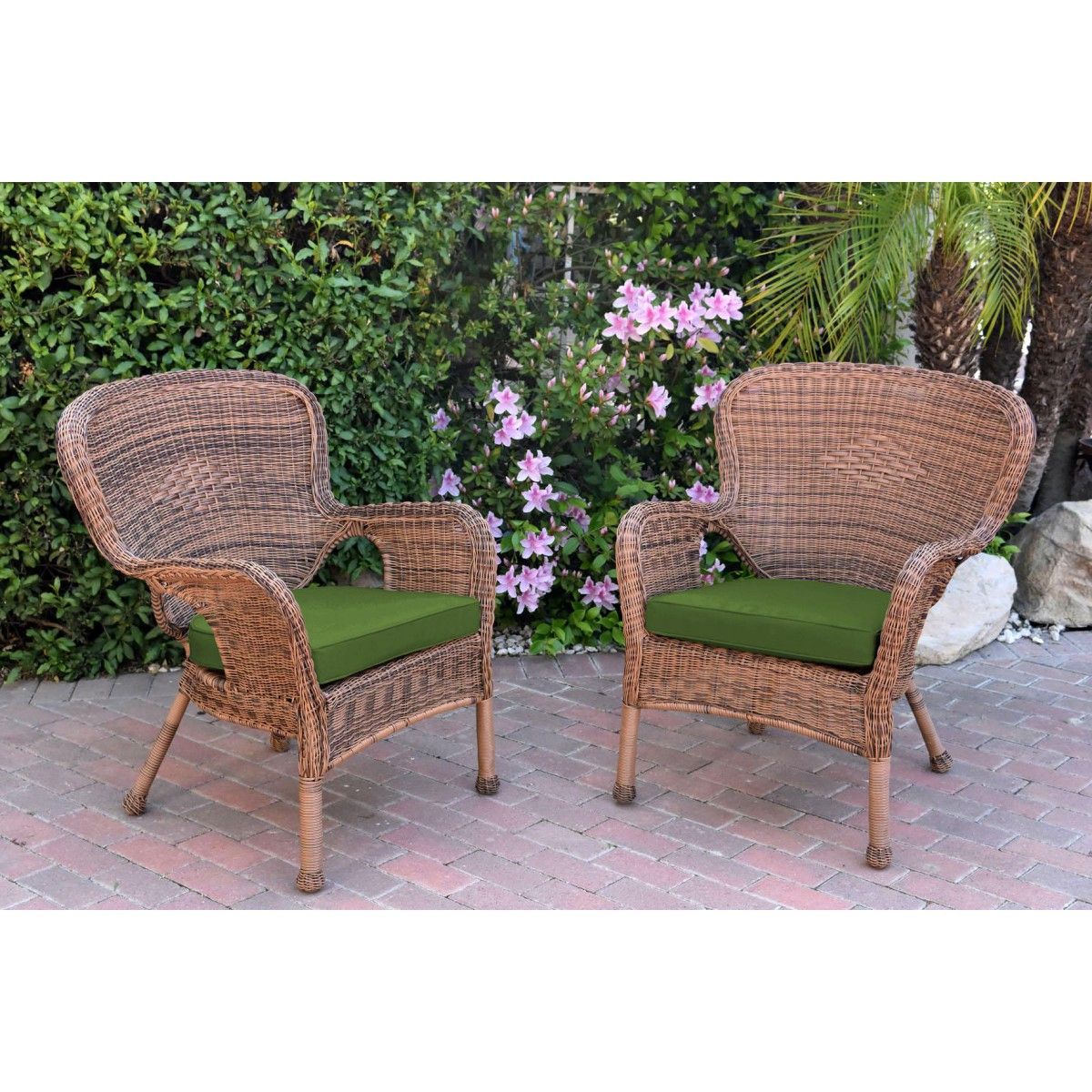 Well Known Green Rattan Outdoor Rocking Chair Sets With Regard To Set Of 2 Windsor Honey Resin Wicker Chair With Hunter Green Cushion (View 9 of 15)