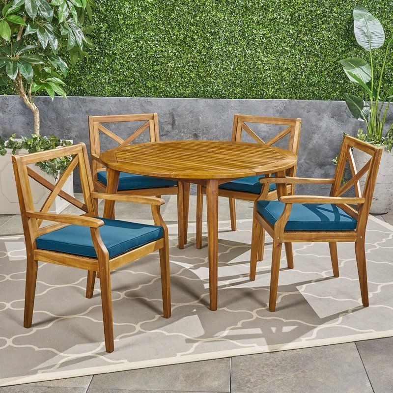 Well Known Hagues Outdoor Acacia Wood 5 Piece Dining Set With Cushions & Reviews For Green 5 Piece Outdoor Dining Sets (View 1 of 15)