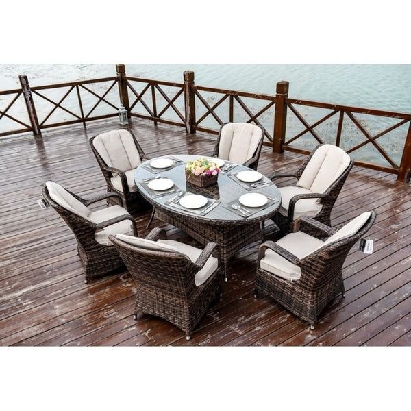 Well Known Moda 7 Piece Patio Wicker Oval Dining Table Set With Cushions Intended For 7 Piece Outdoor Oval Dining Sets (View 12 of 15)