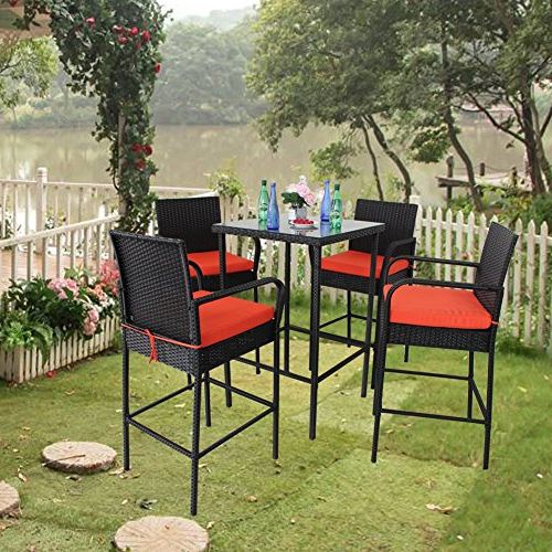 Well Known Outdoor Wicker Orange Cushion Patio Sets In Leaptime Garden Bar Furniture 5pcs Black Rattan Bar Table And Stools (View 8 of 15)