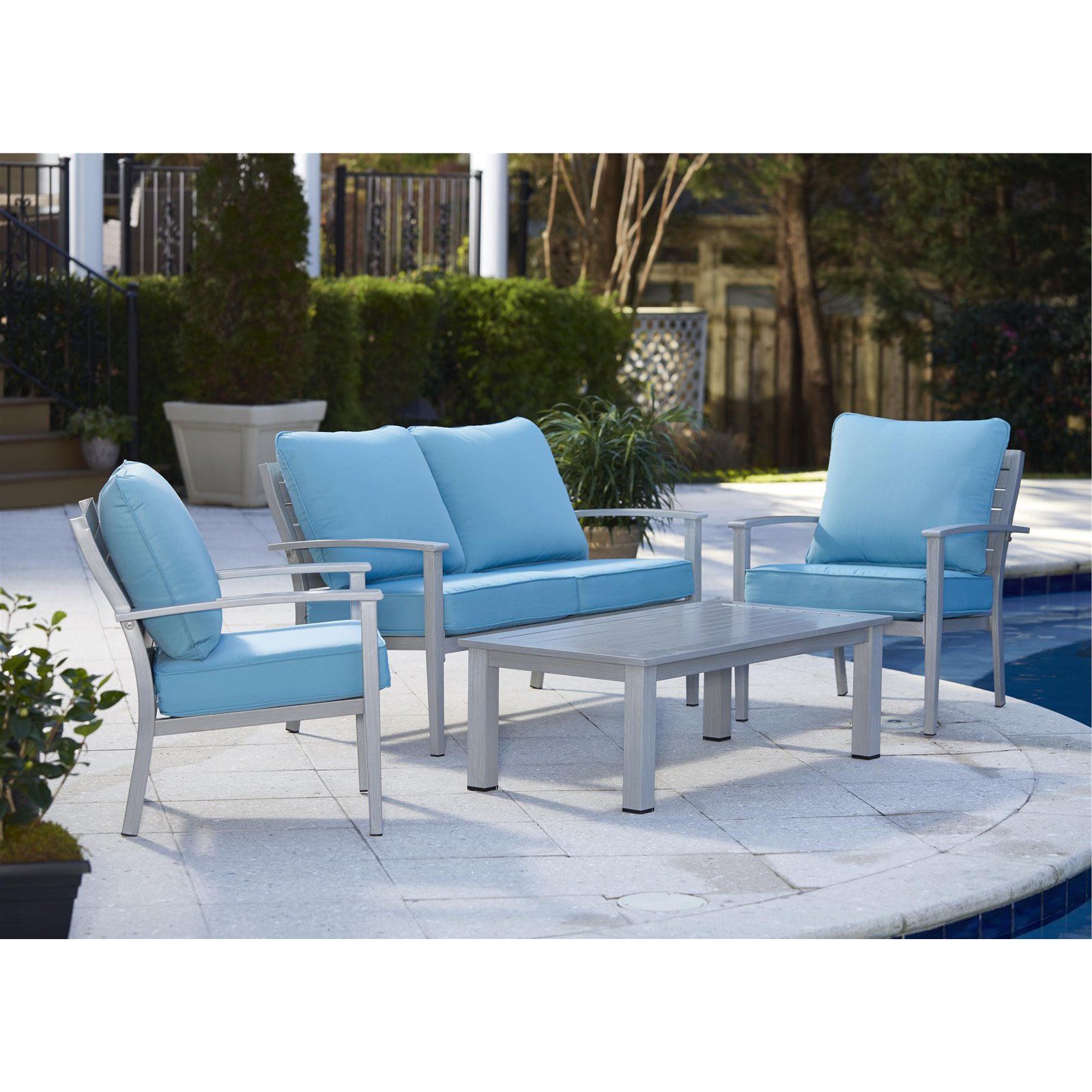 Well Known Patio Conversation Sets And Cushions Pertaining To Cosco Outdoor Living Blue Veil 4 Piece Aluminum Conversation Set, Blue (View 12 of 15)