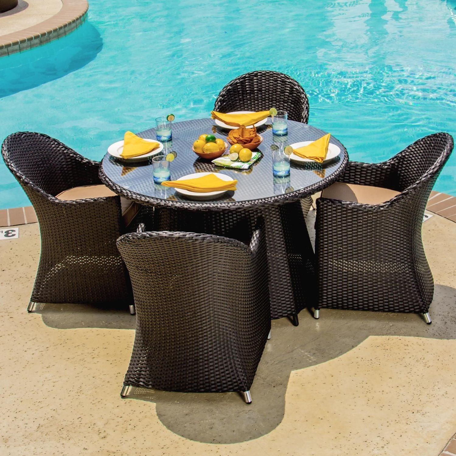 Well Known Providence 5 Piece Resin Wicker Patio Dining Setlakeview Outdoor Intended For Rattan Wicker Outdoor Seating Sets (View 9 of 15)