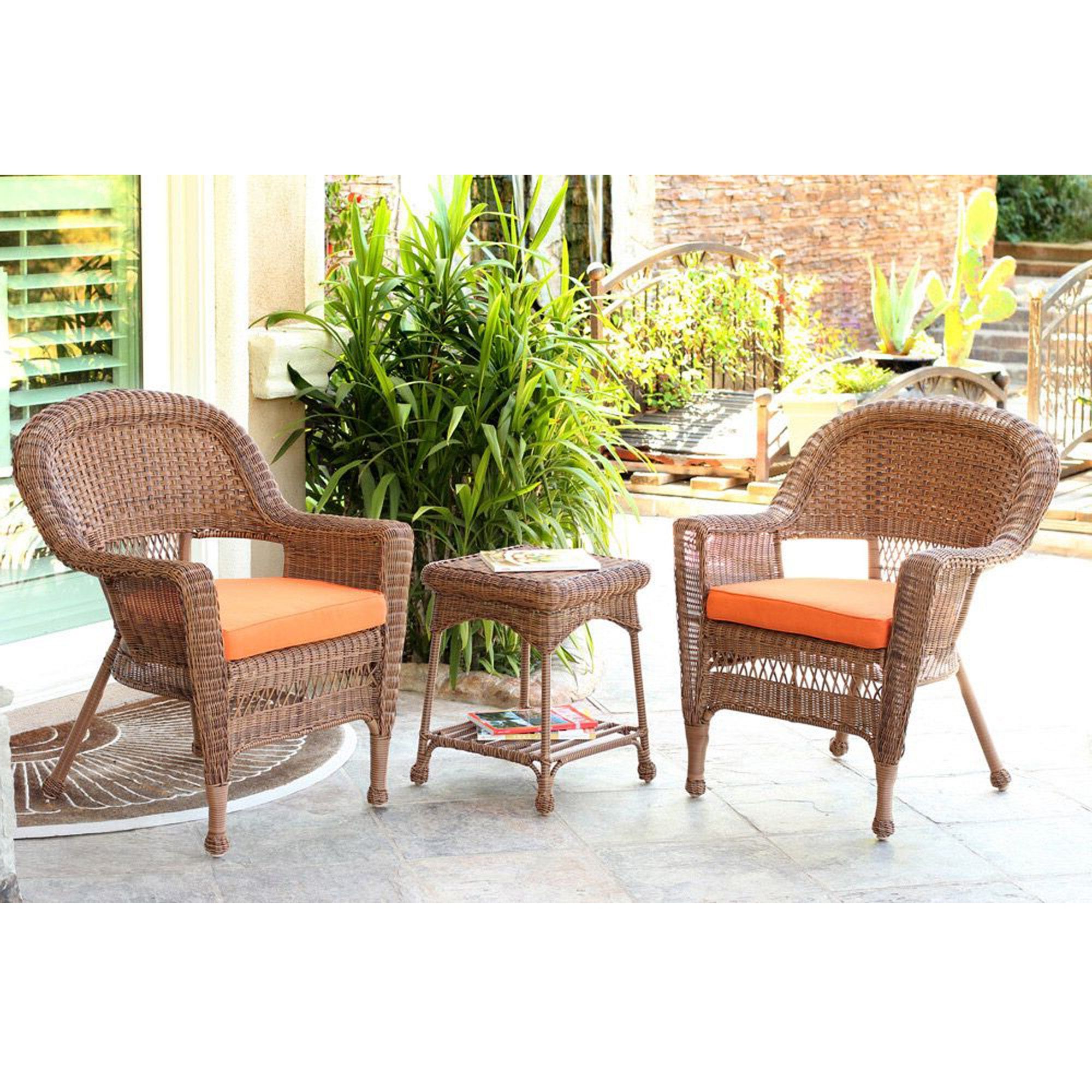Well Known Set Of 3 Honey Brown Resin Wicker Patio Chairs And End Table With Pertaining To Beige Wicker And Green Fabric Patio Bistro Sets (View 1 of 15)