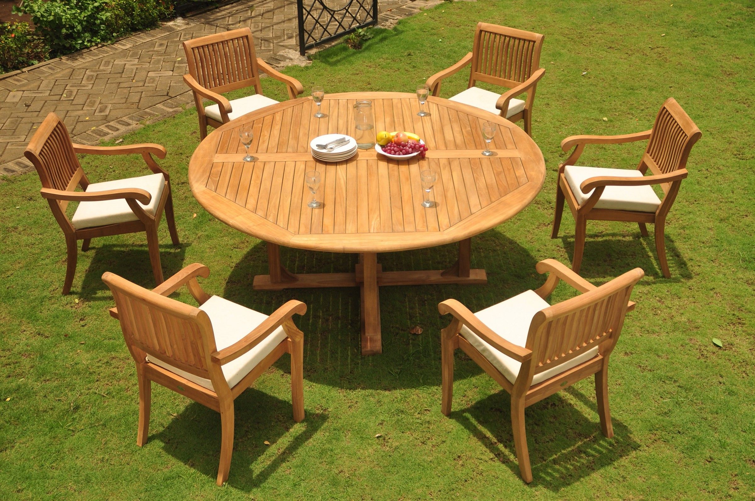 Well Known Teak Armchair Round Patio Dining Sets Intended For Teak Dining Set: 6 Seater 7 Pc: 72" Round Dining Table And 6 Arbor (View 9 of 15)