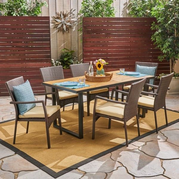 Well Known Wood Rectangular Outdoor Dining Sets Intended For Powell Outdoor 6 Seater Rectangular Acacia Wood And Wicker Dining Set (View 6 of 15)