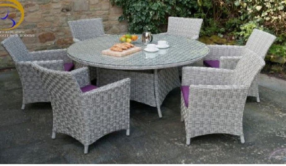 Well Liked Gray Wicker Round Patio Dining Sets Regarding Large 7 Piece Round Glass Top Grey Wicker Pe Rattan Outdoor Dining Set (View 14 of 15)