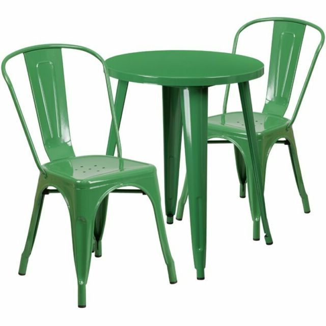 Well Liked Green Steel Indoor Outdoor Armchair Sets For 24in Round Green Metal Indoor Outdoor Table Set With 2 Cafe Chairs For (View 4 of 15)