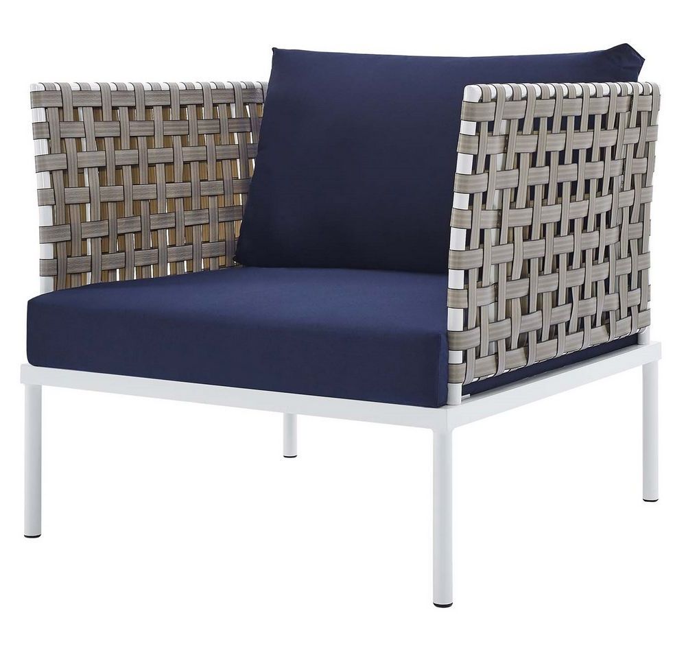 Well Liked Harmony Tan Synthetic Rattan/navy Fabric Patio Arm Chairmodway Regarding Fabric Outdoor Wicker Armchairs (View 13 of 15)