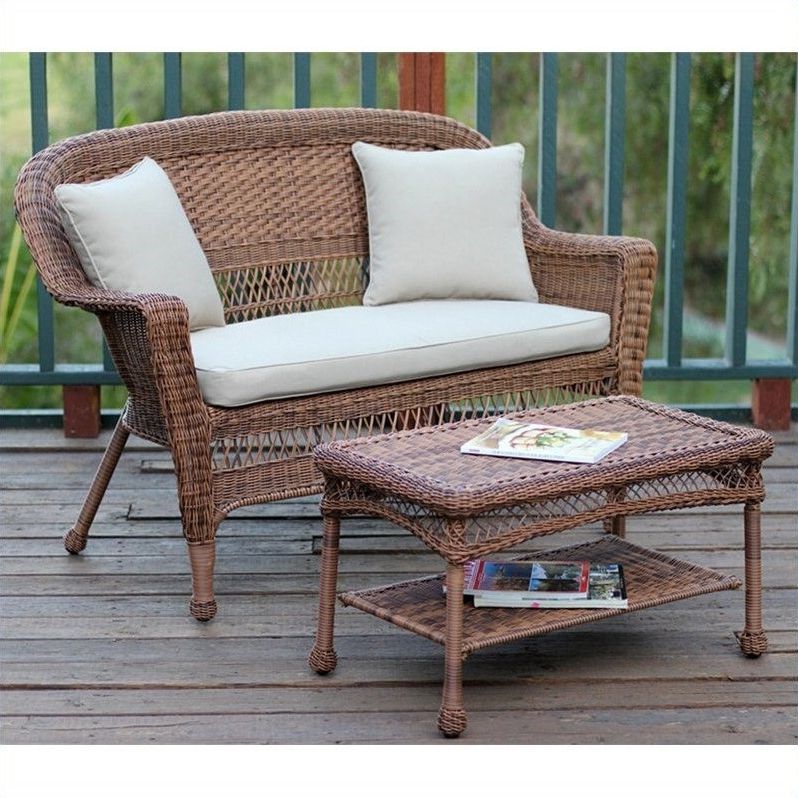 Well Liked Jeco Wicker Patio Love Seat And Coffee Table Set In Honey With Tan With Regard To Beige Wicker And Green Fabric Patio Bistro Sets (View 4 of 15)