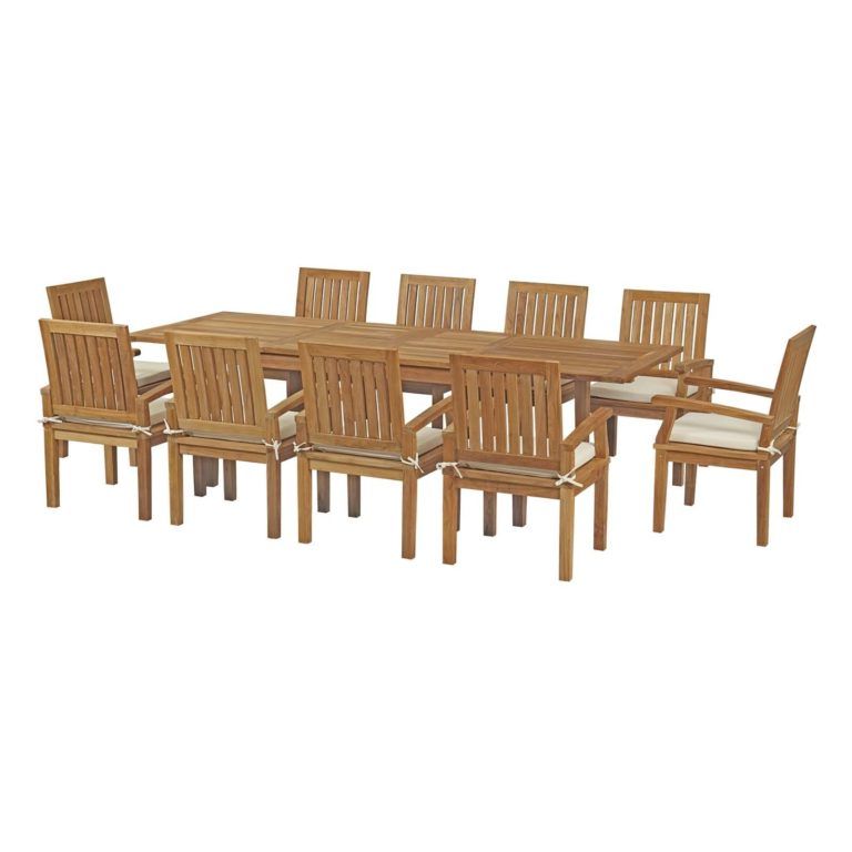 Well Liked Marina 11 Piece Outdoor Patio Teak Outdoor Dining Set In Natural White In 11  Piece Teak Outdoor Dining Set (View 3 of 15)