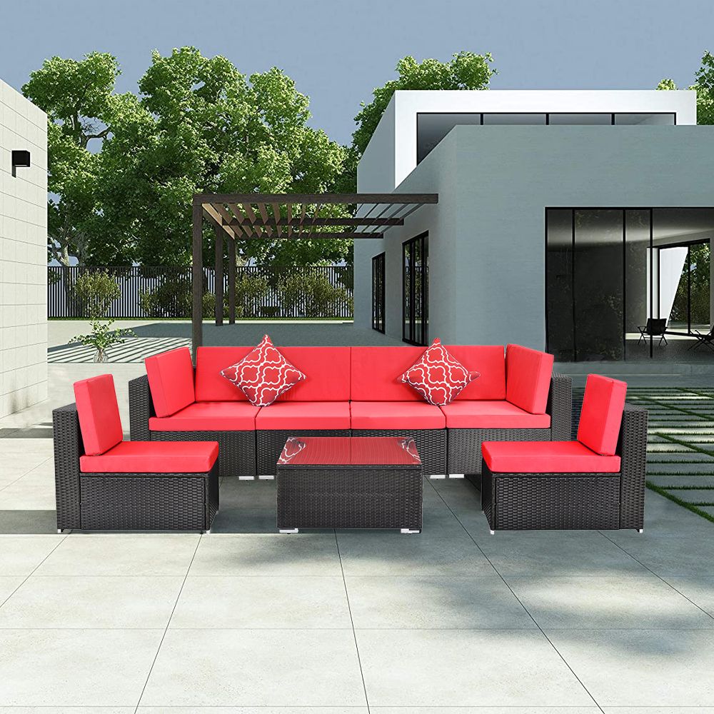 Well Liked Outdoor Sectional Sofa Set, Outdoor Patio 7 Pc Wicker Sectional Sofa With Black Cushion Patio Conversation Sets (View 7 of 15)