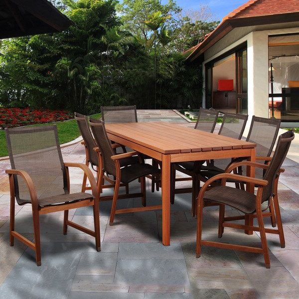 Well Liked Rectangular Patio Dining Sets Throughout Shop Amazonia Stella Brown Wood 9 Piece Rectangular Patio Dining Set (View 9 of 15)