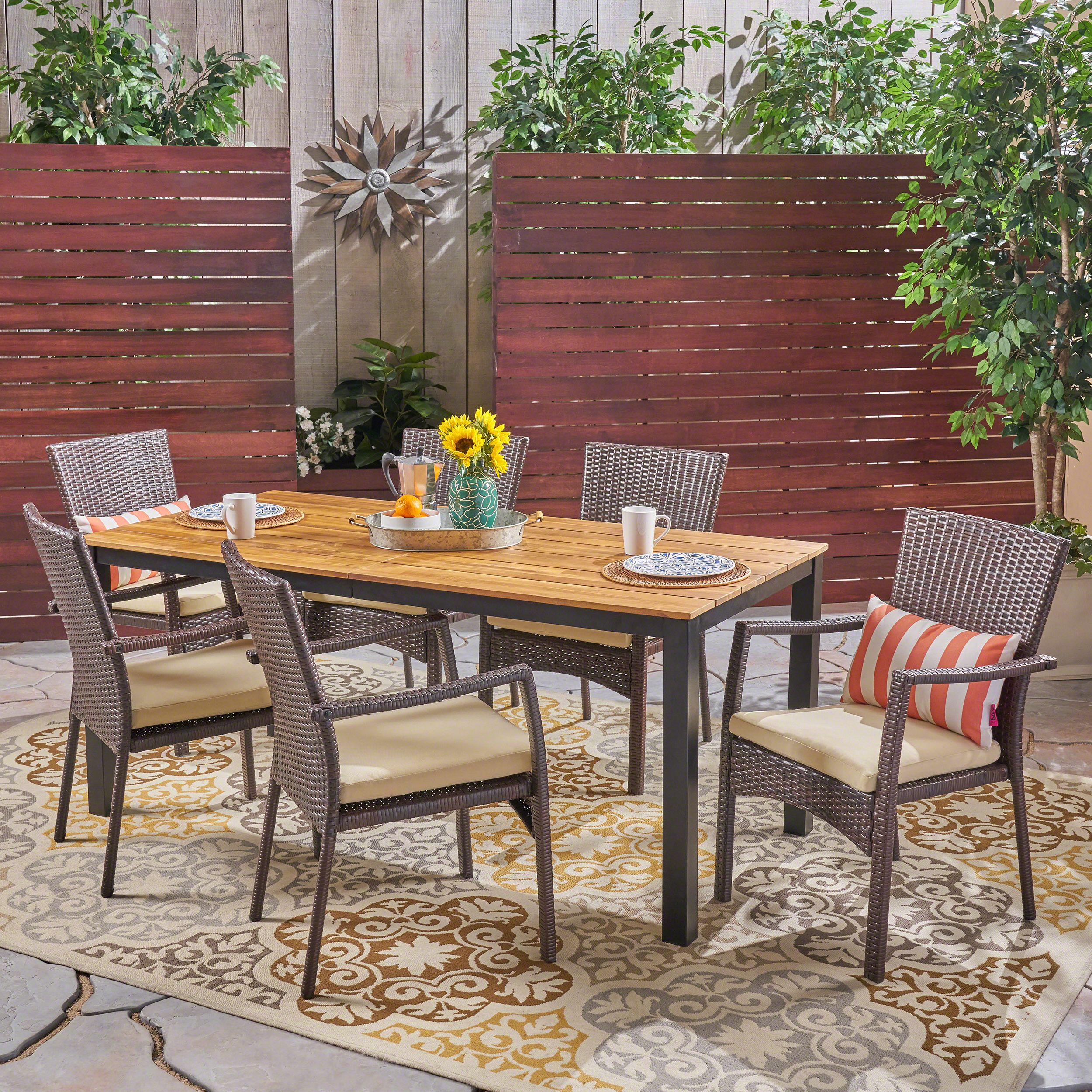 Well Liked Teak And Wicker Dining Sets Throughout Kenia Outdoor 7 Piece Acacia Wood Dining Set With Wicker Chairs, Brown (View 1 of 15)