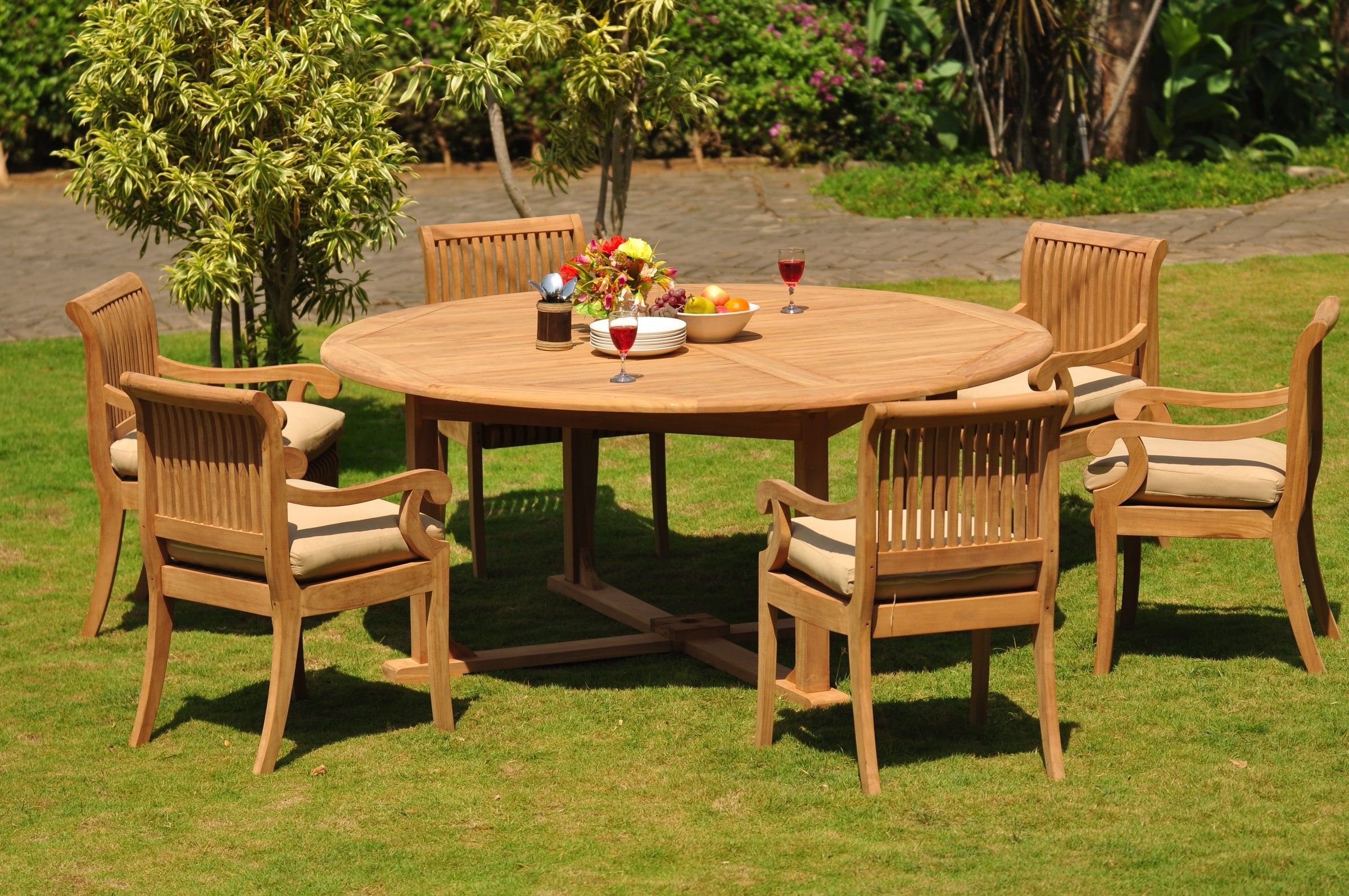 Well Liked Teak Outdoor Loungers Sets Pertaining To Teak Dining Set: 6 Seater 7 Pc: 72" Round Table And 6 Giva Arm Chairs (View 1 of 15)