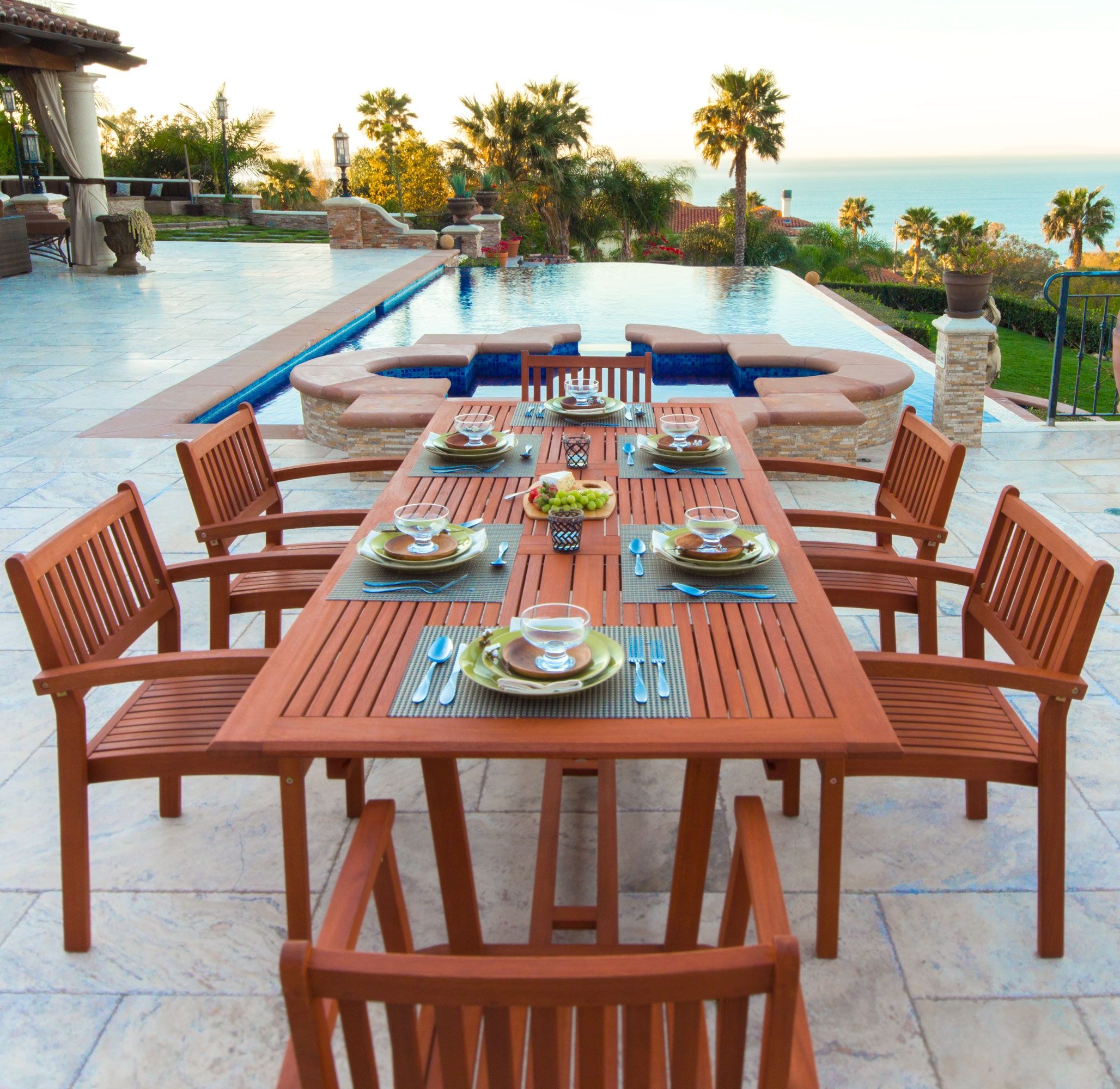 Well Liked Vifah Malibu Outdoor 7 Piece Wood Patio Dining Set W Table & Stacking Inside 7 Piece Large Patio Dining Sets (View 1 of 15)