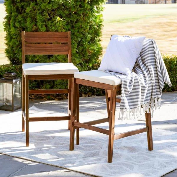 Welwick Designs Dark Brown Acacia Wood Patio Outdoor Bar Stools With Within Newest Brown Acacia Patio Chairs With Cushions (View 11 of 15)