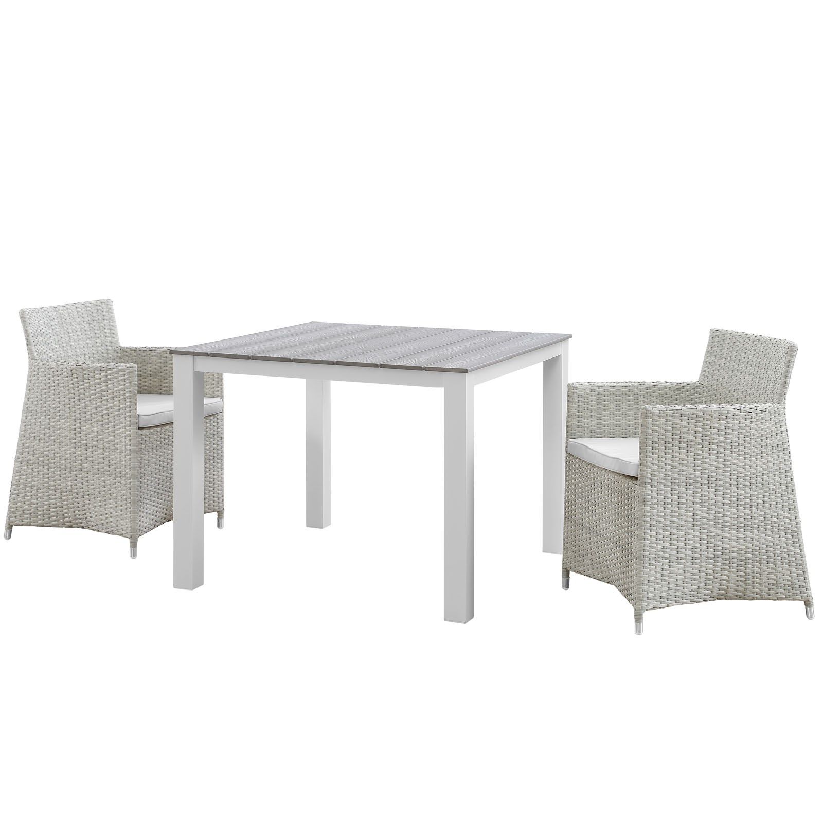 White 3 Piece Outdoor Seating Patio Sets Pertaining To Widely Used Junction 3 Piece Outdoor Patio Wicker Dining Set In Gray White – Hyme (View 8 of 15)
