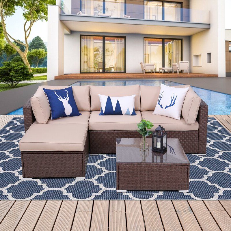 Wicker Beige Cushion Outdoor Patio Sets Within 2020 Ebern Designs Outdoor 5 Piece Furniture Set Patio Sectional Rattan Sofa (View 3 of 15)