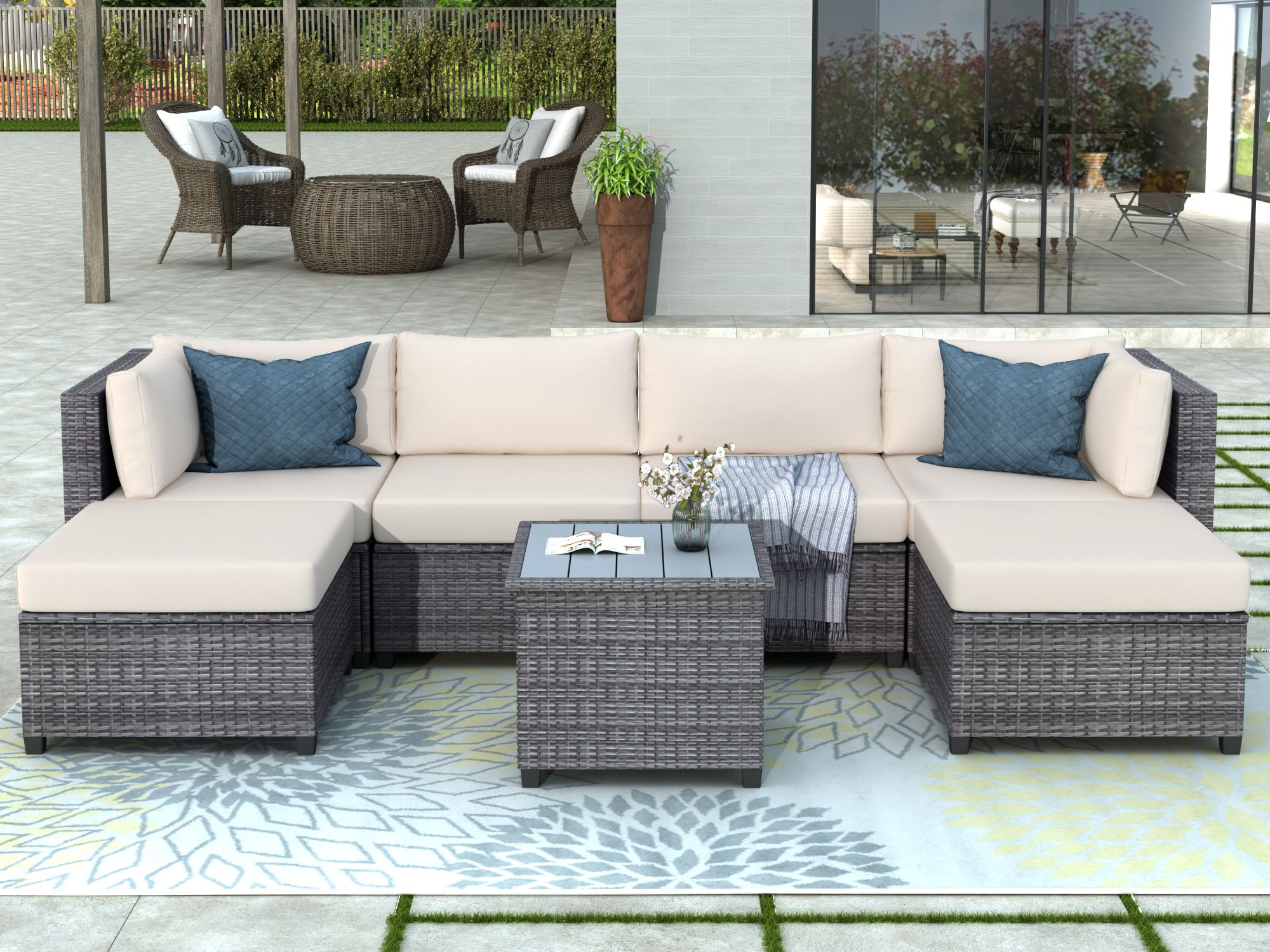 Wicker Beige Cushion Outdoor Patio Sets Within Most Recent Wicker Bistro Patio Sets, 7 Piece Rattan Outdoor Patio Furniture, Patio (View 4 of 15)