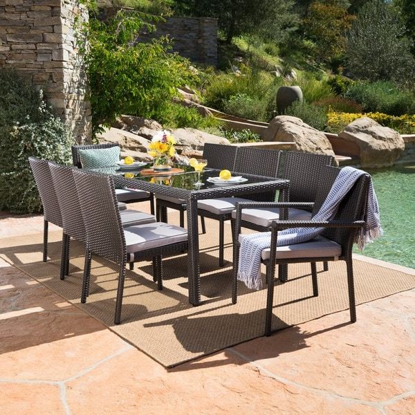 Wicker Rectangular Patio Dining Sets Throughout Most Recently Released Shop San Pico Outdoor 9 Piece Rectangular Wicker Tempered Glass Dining (View 15 of 15)