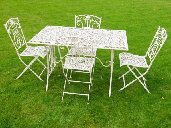 Wide Silver Metal Outdoor Picnic Tables Regarding 2020 Serade Metal Garden Patio Set Table 4 Chairs – Antique White (View 6 of 15)